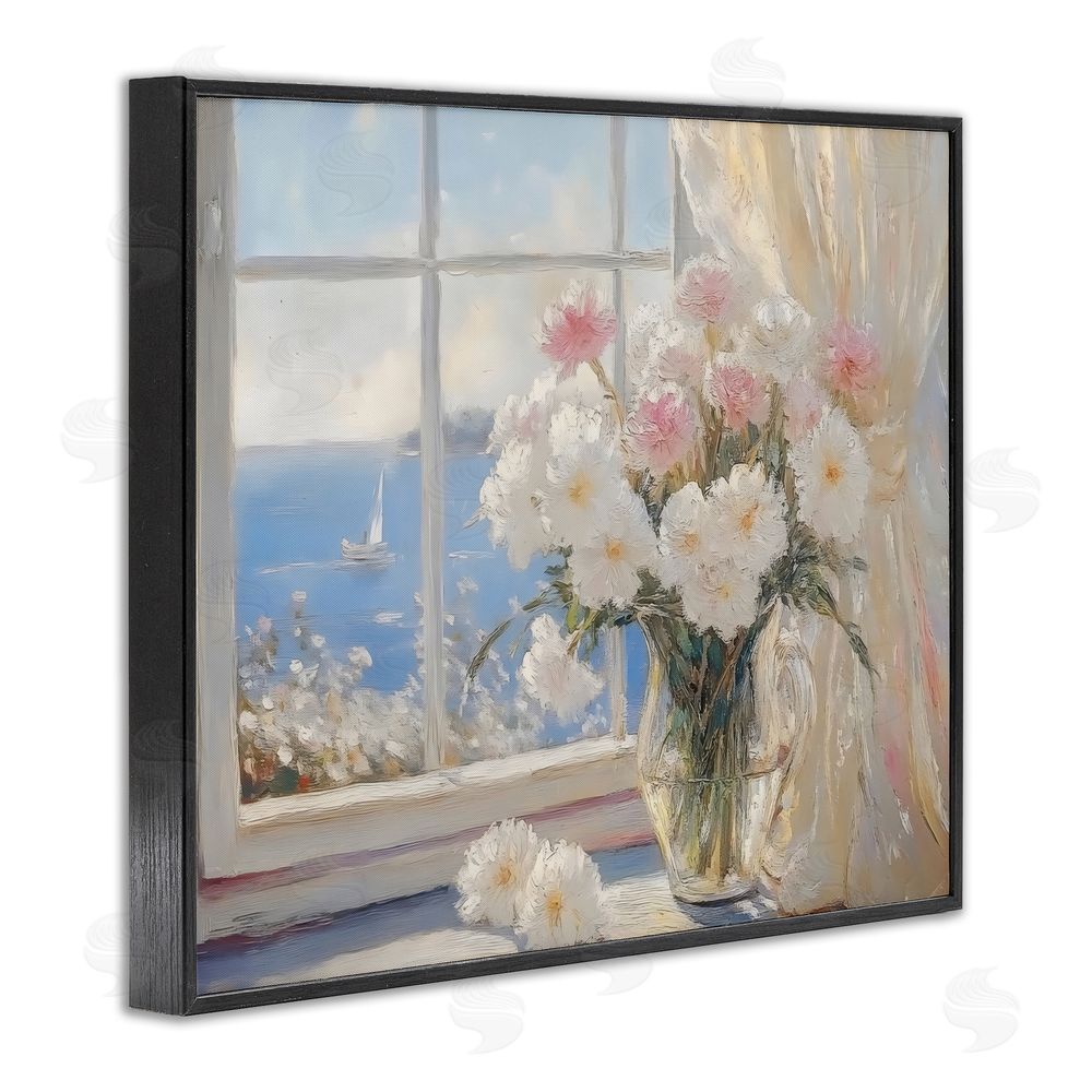 LSR Design Studio Coastal View Floral Window Bouquet Black Framed Giclee Wall Art Print