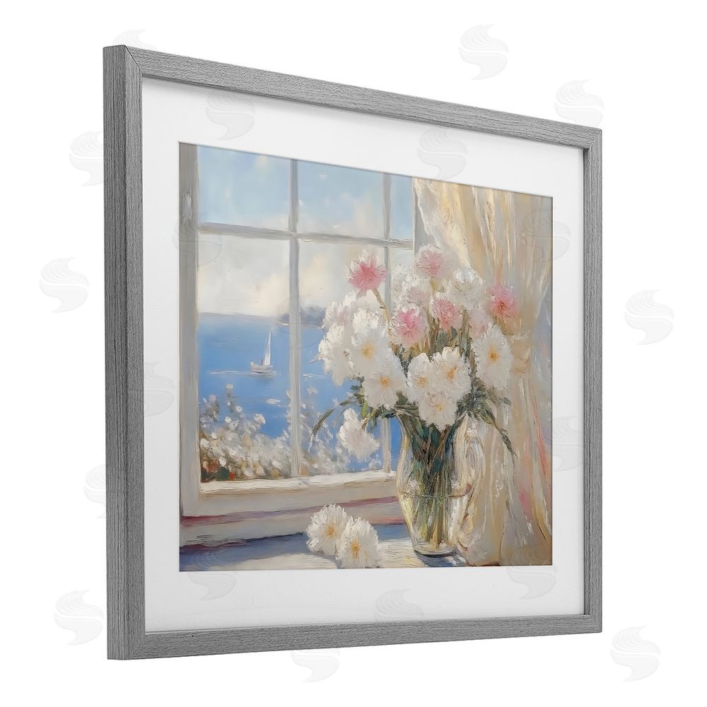 LSR Design Studio Coastal View Floral Window Bouquet Gray Framed Print Under Glass Wall Art