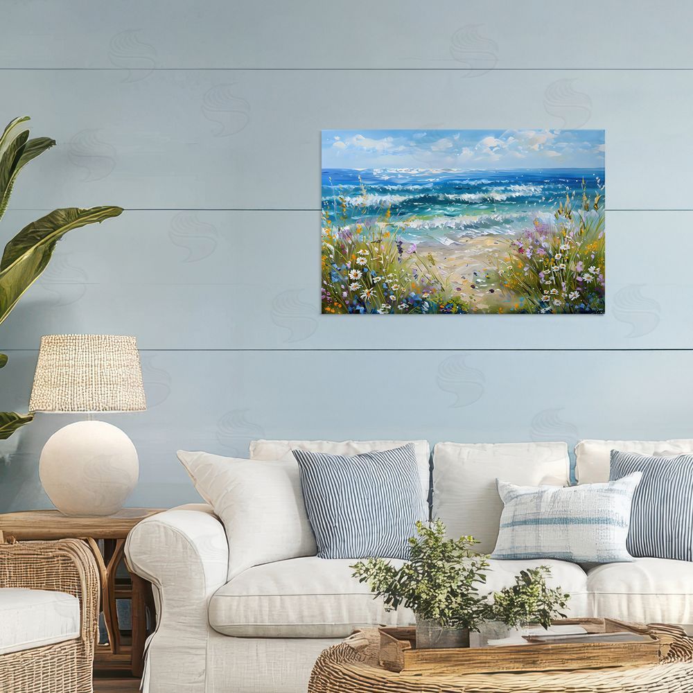 Creative Studio Floral Beach Meadow by Ocean Stretched Canvas Wall Art in Room