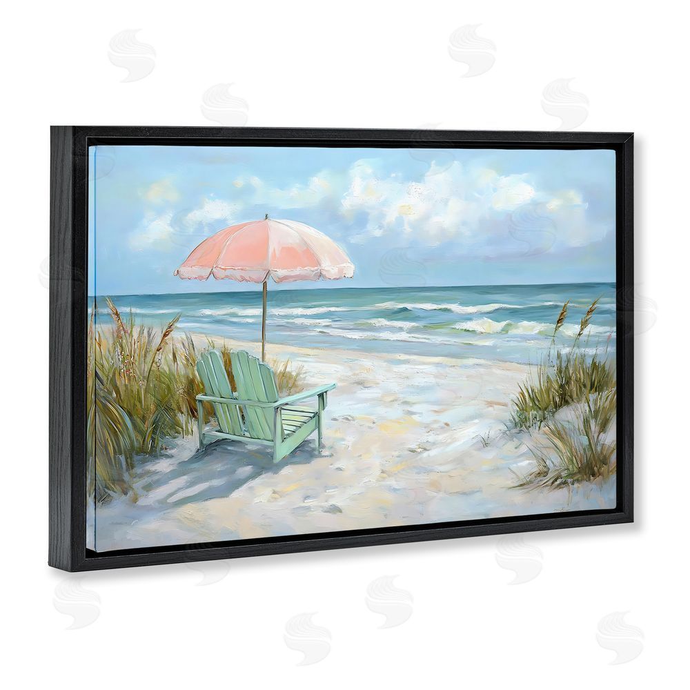 Creative Studio Seaside Chair & Pink Umbrella Black Floating Framed Canvas Wall Art Print