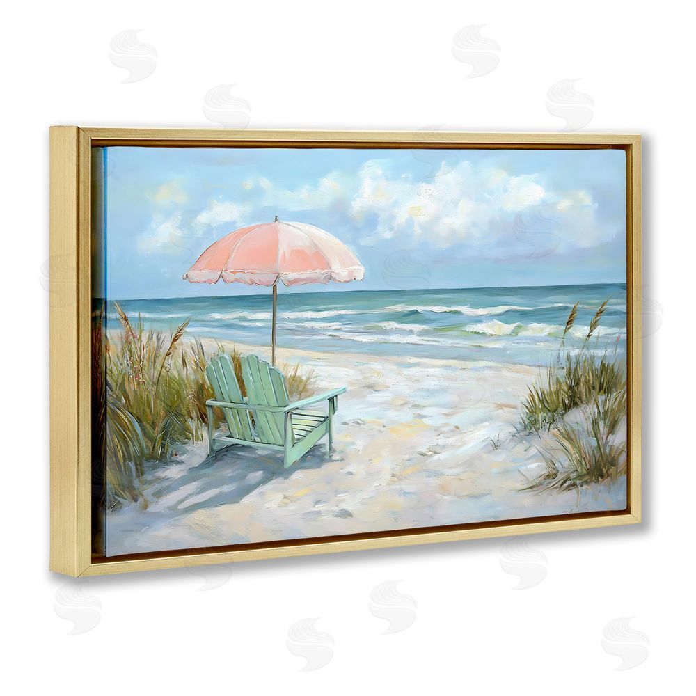 Creative Studio Seaside Chair & Pink Umbrella Gold Floating Framed Canvas Wall Art Print