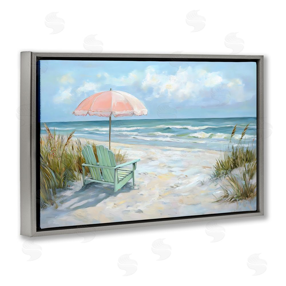 Creative Studio Seaside Chair & Pink Umbrella Gray Floating Framed Canvas Wall Art Print