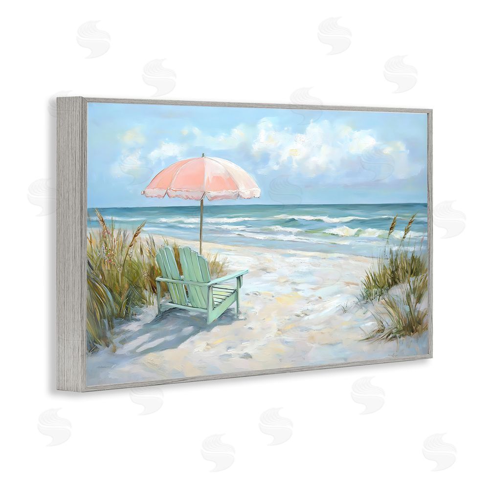 Creative Studio Seaside Chair & Pink Umbrella Gray Framed Giclee Wall Art Print