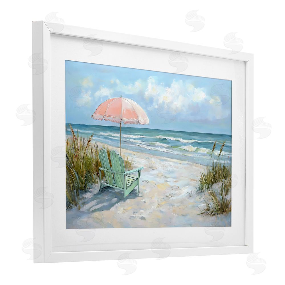 Creative Studio Seaside Chair & Pink Umbrella White Framed Print Under Glass with White Mat Wall Art