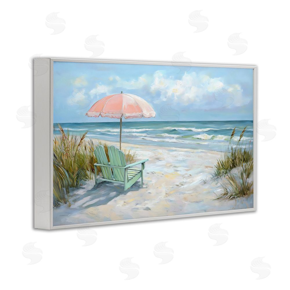 Creative Studio Seaside Chair & Pink Umbrella White Framed Giclee Wall Art Print