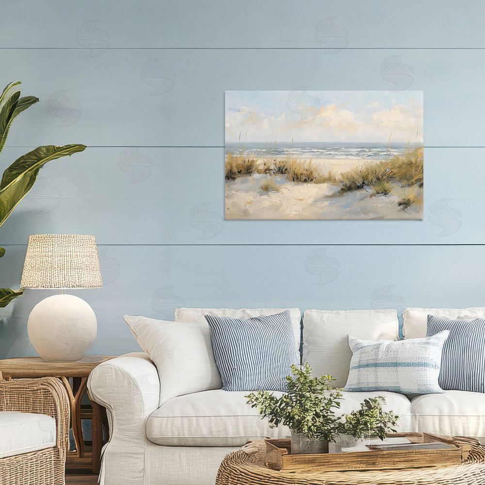Creative Studio Coastal Birds Over Dunes Stretched Canvas Wall Art in Room
