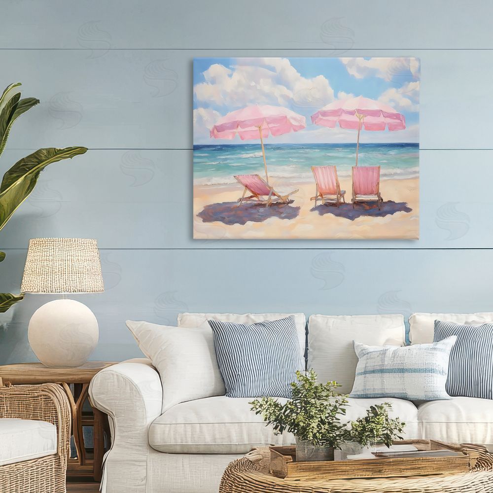 LSR Design Studio Pink Summer Chairs by the Sea Stretched Canvas Wall Art in Room