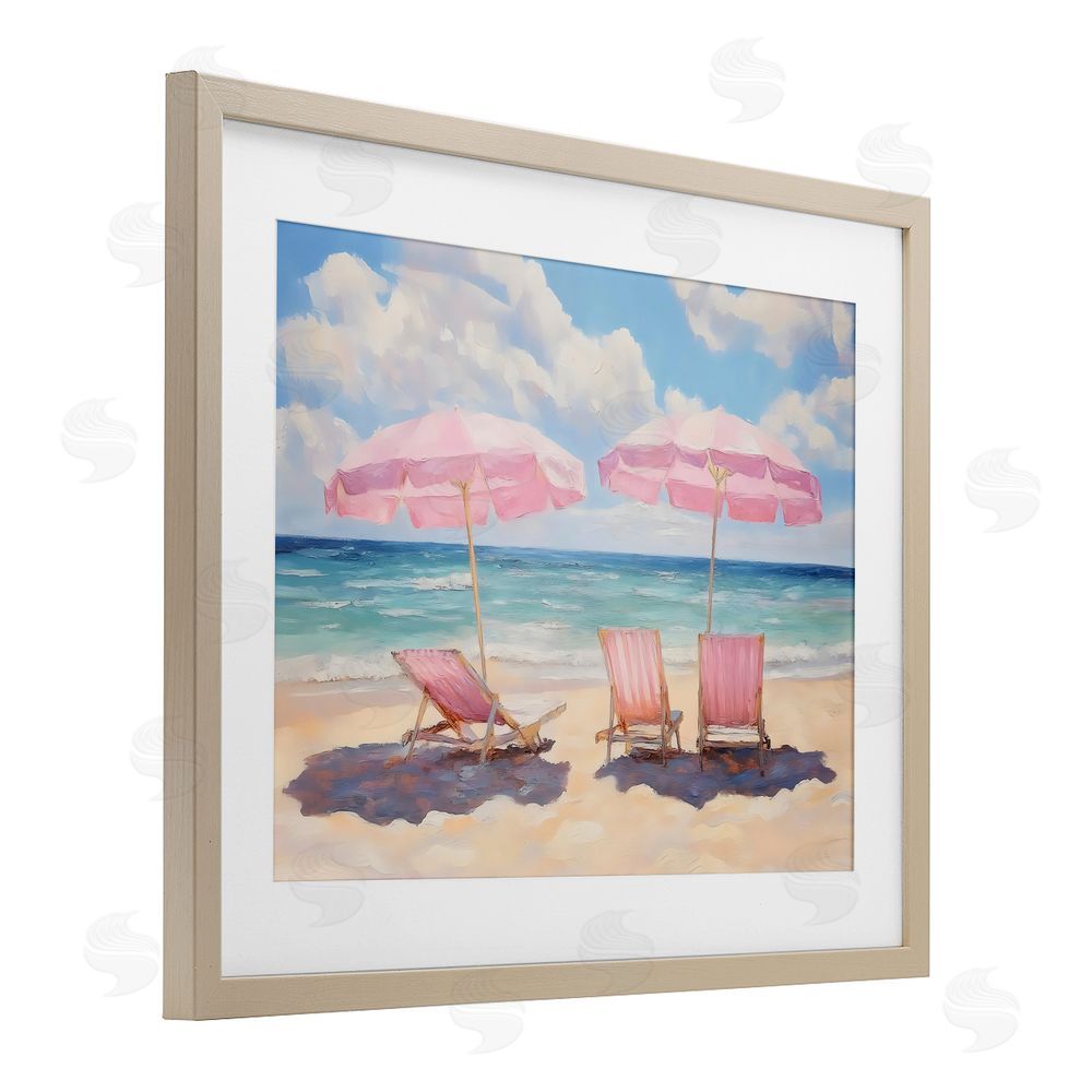 LSR Design Studio Pink Summer Chairs by the Sea Brown Framed Print Under Glass Wall Art