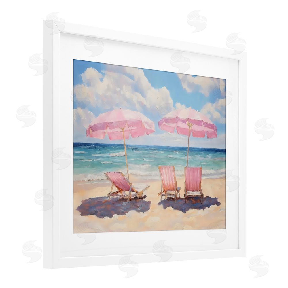 LSR Design Studio Pink Summer Chairs by the Sea White Framed Print Under Glass Wall Art