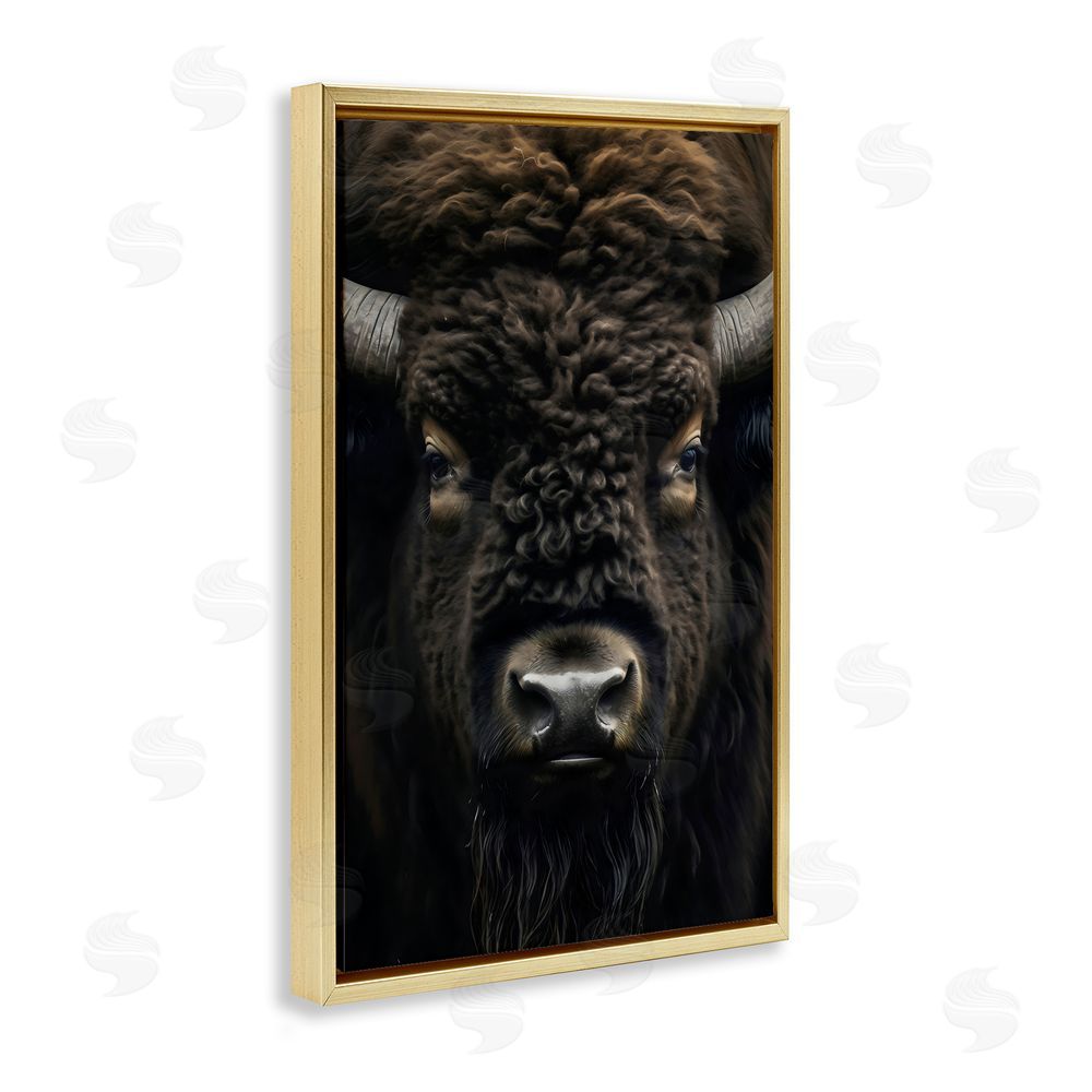 Creative Studio Bison Portrait Close Up Gold Floating Frame Stretched Canvas Wall Art Print