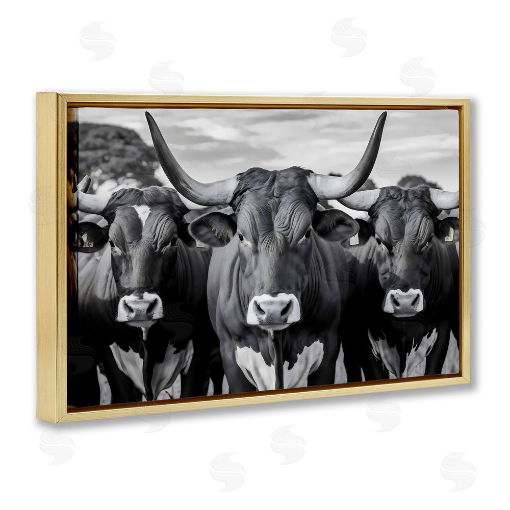Creative Studio Three Longhorns in a Row Gold Floating Framed Canvas Wall Art Print