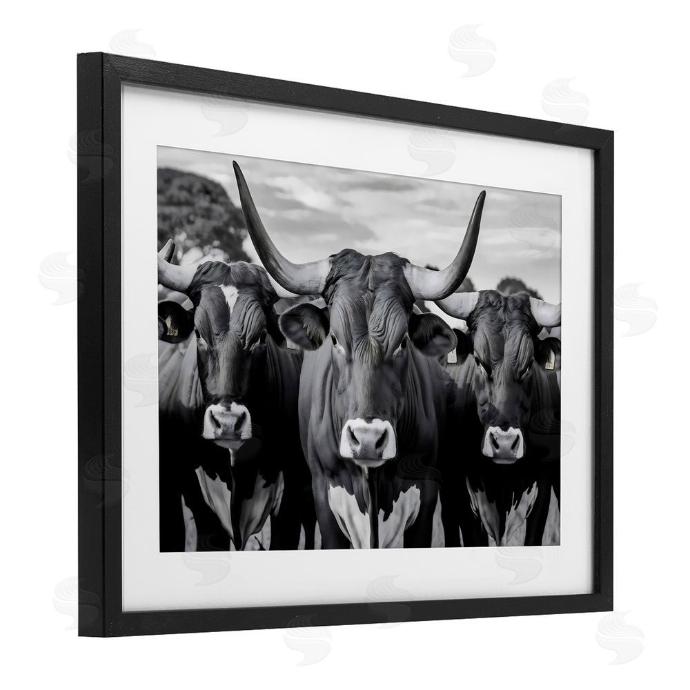 Creative Studio Three Longhorns in a Row Black Framed Print Under Glass with White Mat Wall Art