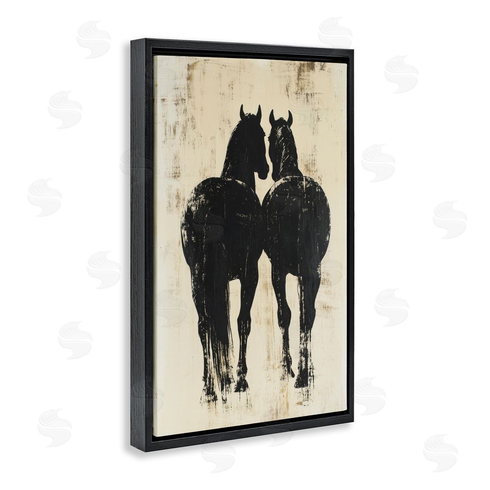 Petal Prints Design Twin Horses Facing Away Black Floating Framed Canvas Wall Art Print