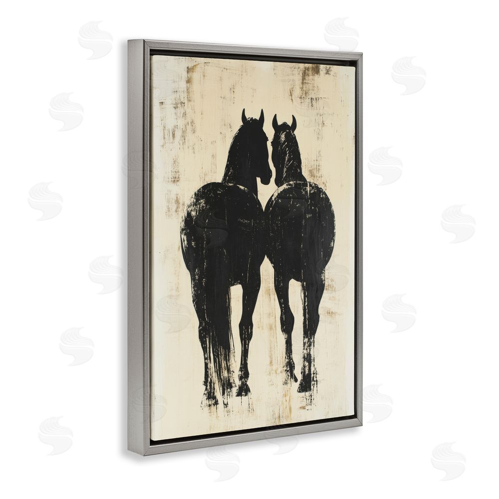 Petal Prints Design Twin Horses Facing Away Gray Floating Framed Canvas Wall Art Print