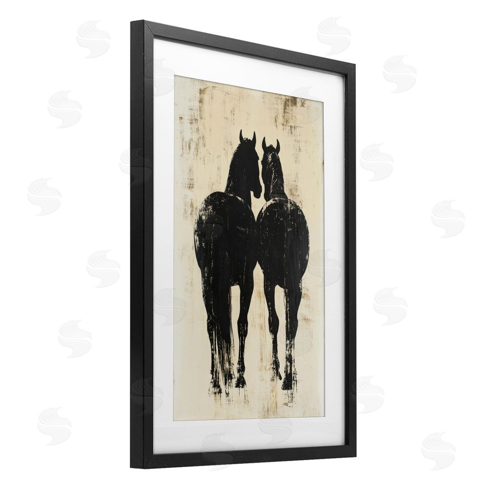 Petal Prints Design Twin Horses Facing Away Black Framed Print Under Glass with White Mat Wall Art