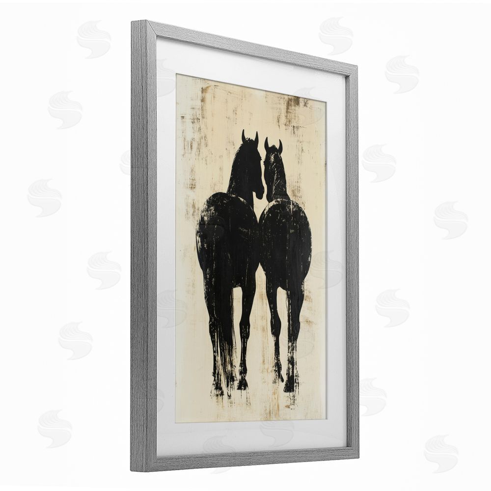 Petal Prints Design Twin Horses Facing Away Gray Framed Print Under Glass with White Mat Wall Art