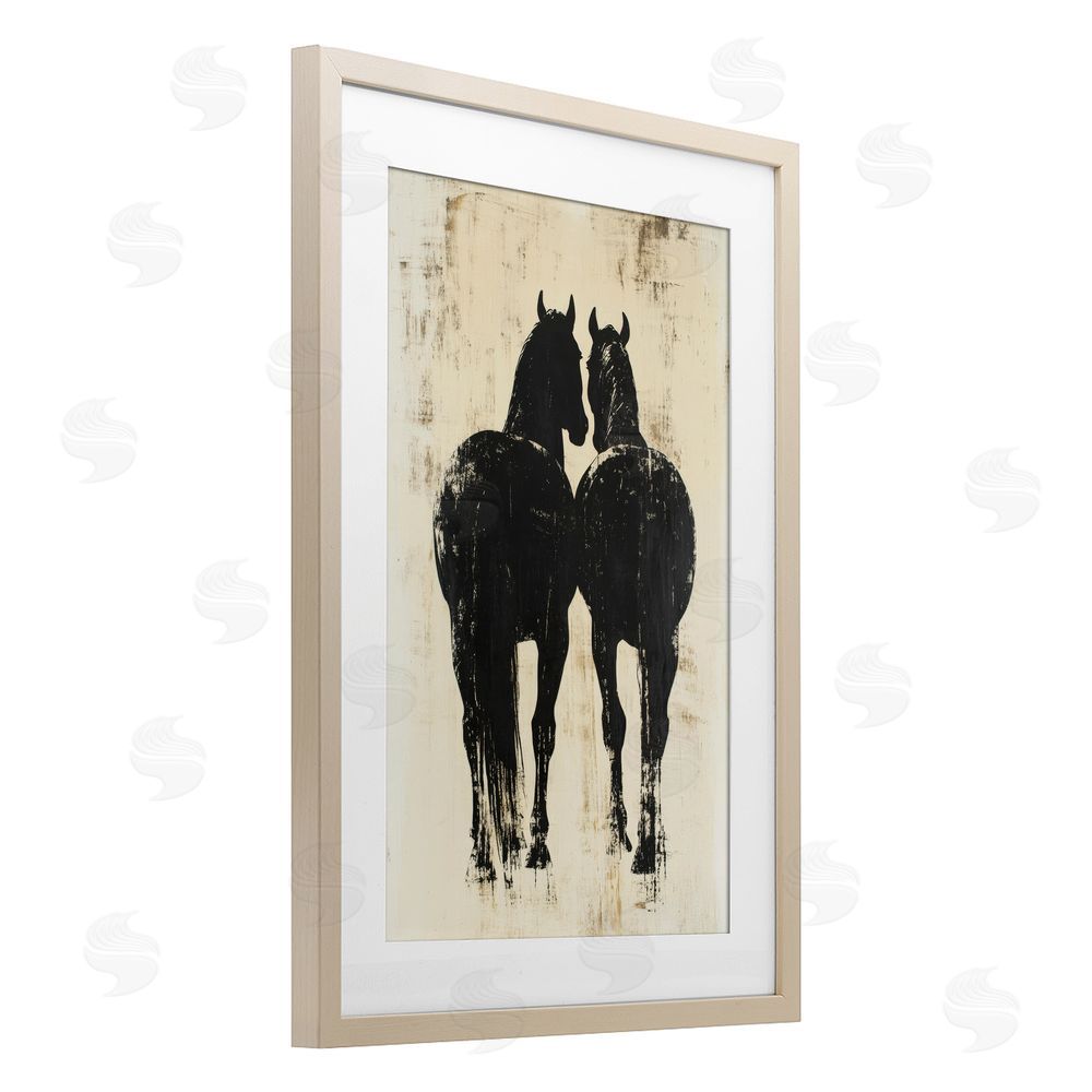 Petal Prints Design Twin Horses Facing Away Brown Framed Print Under Glass with White Mat Wall Art