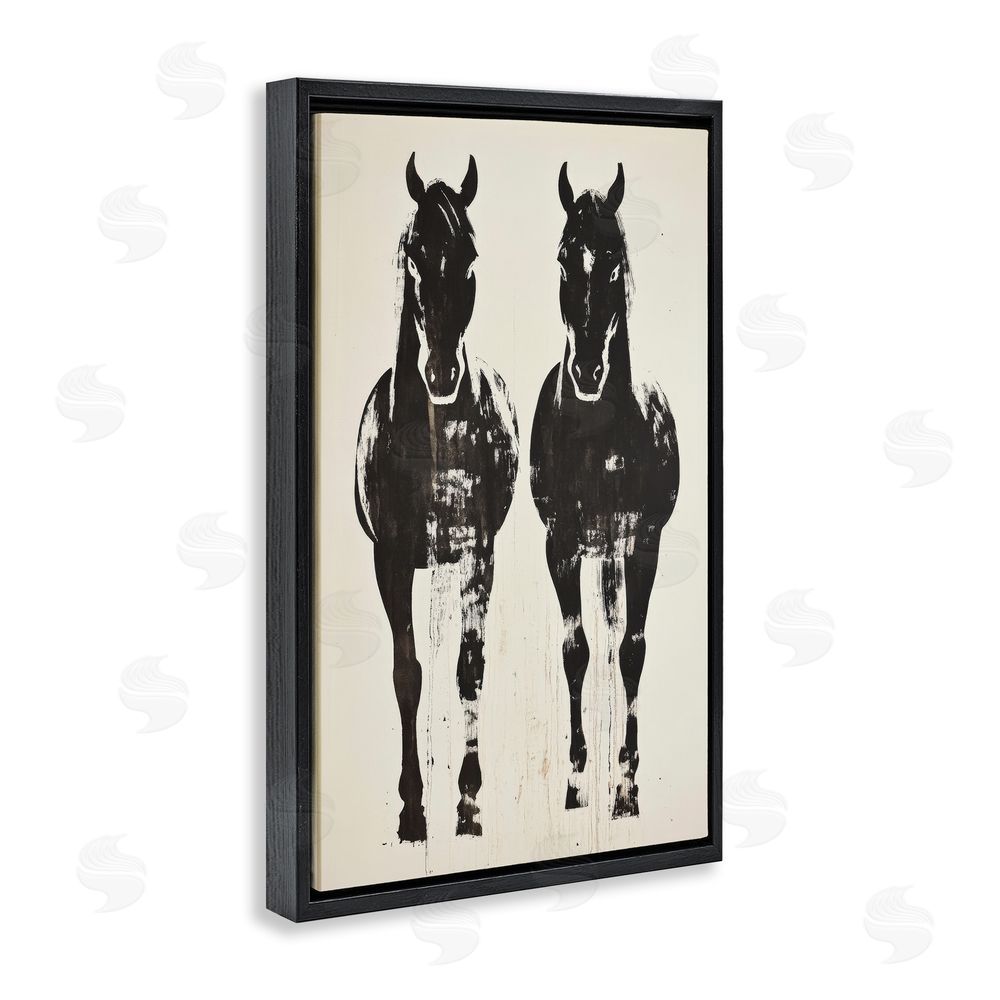 Petal Prints Design Silhouetted Horse Couple Black Floating Framed Canvas Wall Art Print