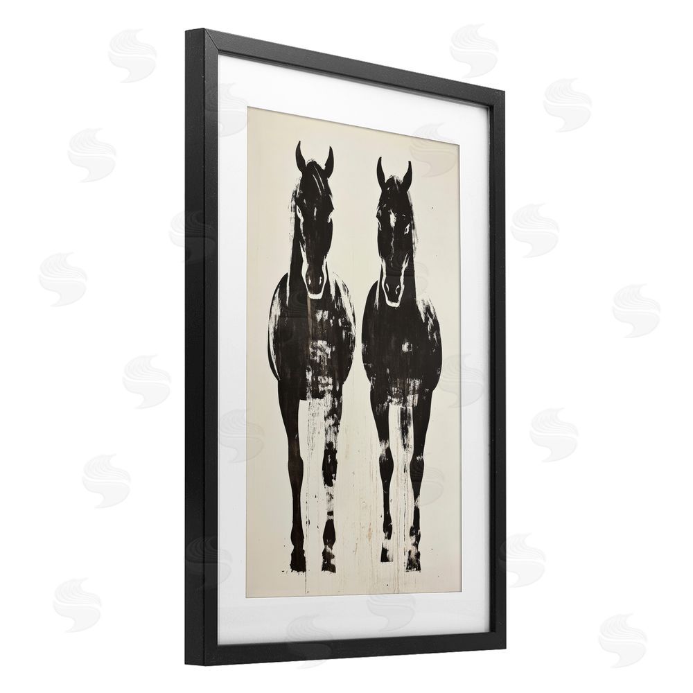 Petal Prints Design Silhouetted Horse Couple Black Framed Print Under Glass with White Mat Wall Art