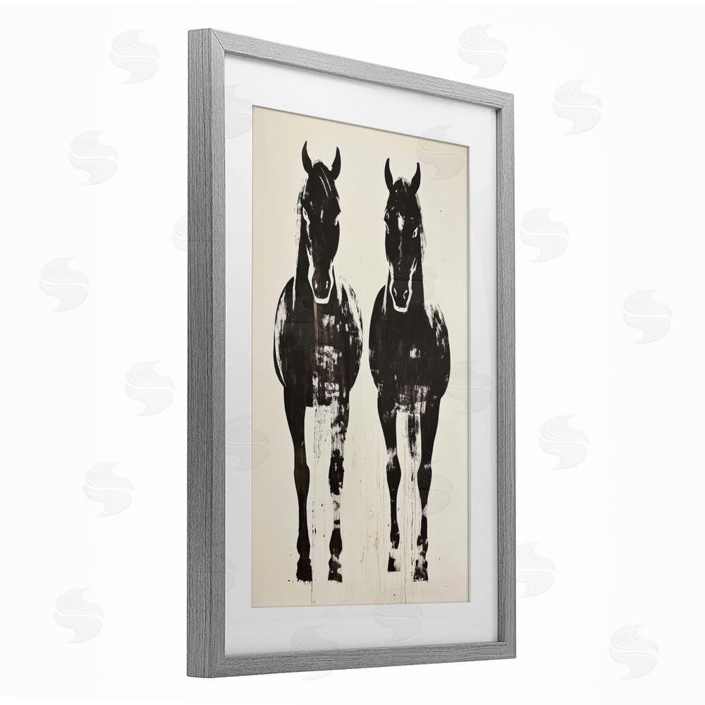 Petal Prints Design Silhouetted Horse Couple Gray Framed Print Under Glass with White Mat Wall Art