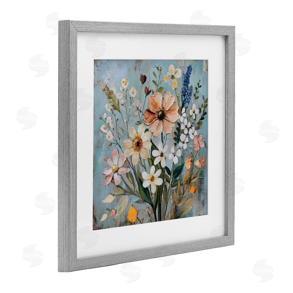 Creative Studio Wildflower Mix Spring Bouquet Gray Framed Print Under Glass with White Mat Wall Art