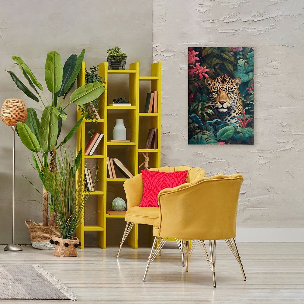 Creative Studio Jaguar with Silent Emerald Gaze Stretched Canvas Wall Art in Room