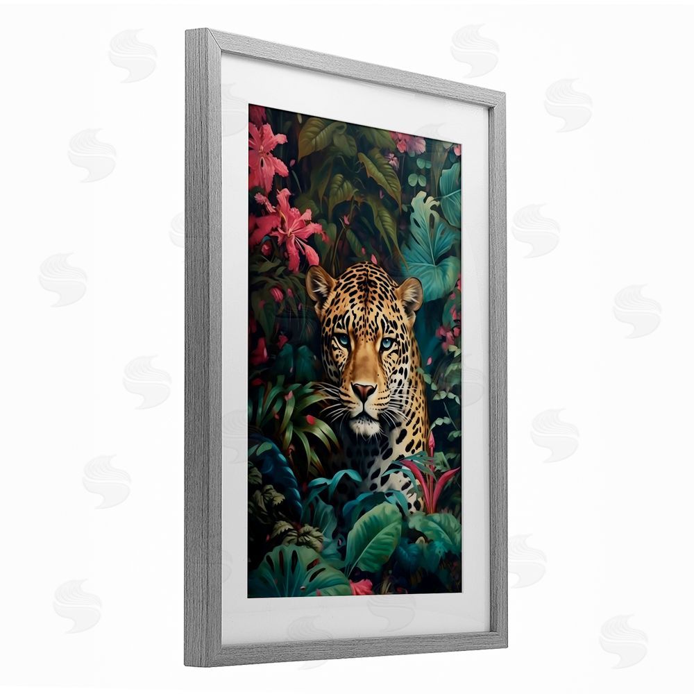 Creative Studio Jaguar with Silent Emerald Gaze Gray Framed Print Under Glass Wall Art