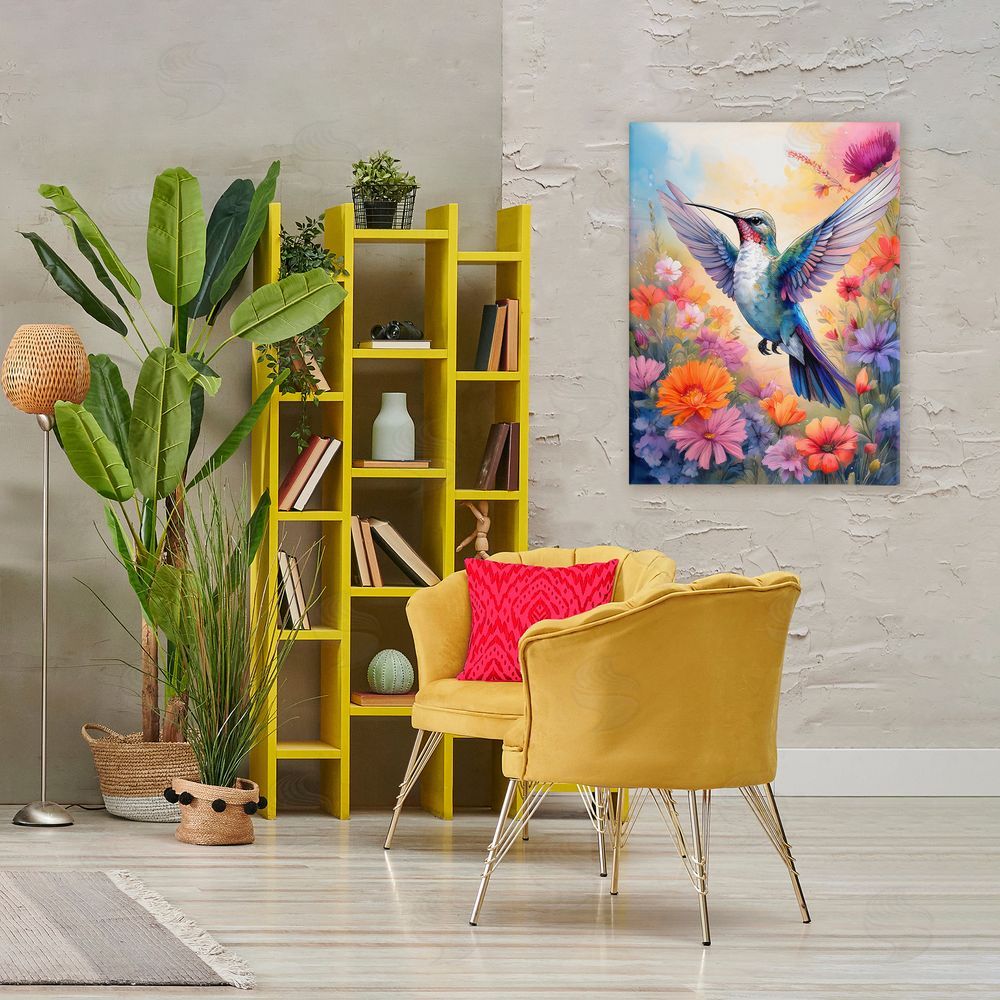 Creative Studio Colorful Hummingbird in Bloom Stretched Canvas Wall Art in Room