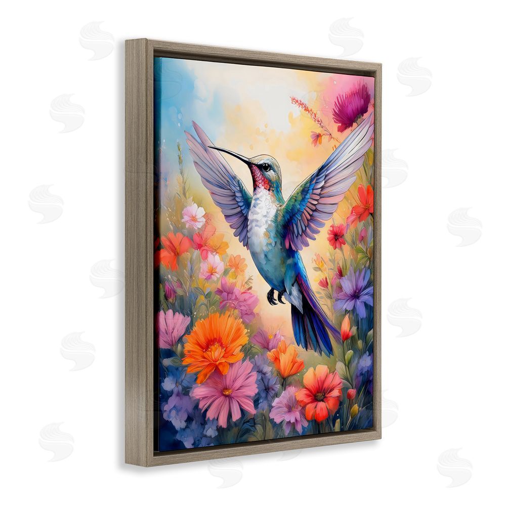 Creative Studio Colorful Hummingbird in Bloom Brown Floating Frame Canvas Wall Art Print