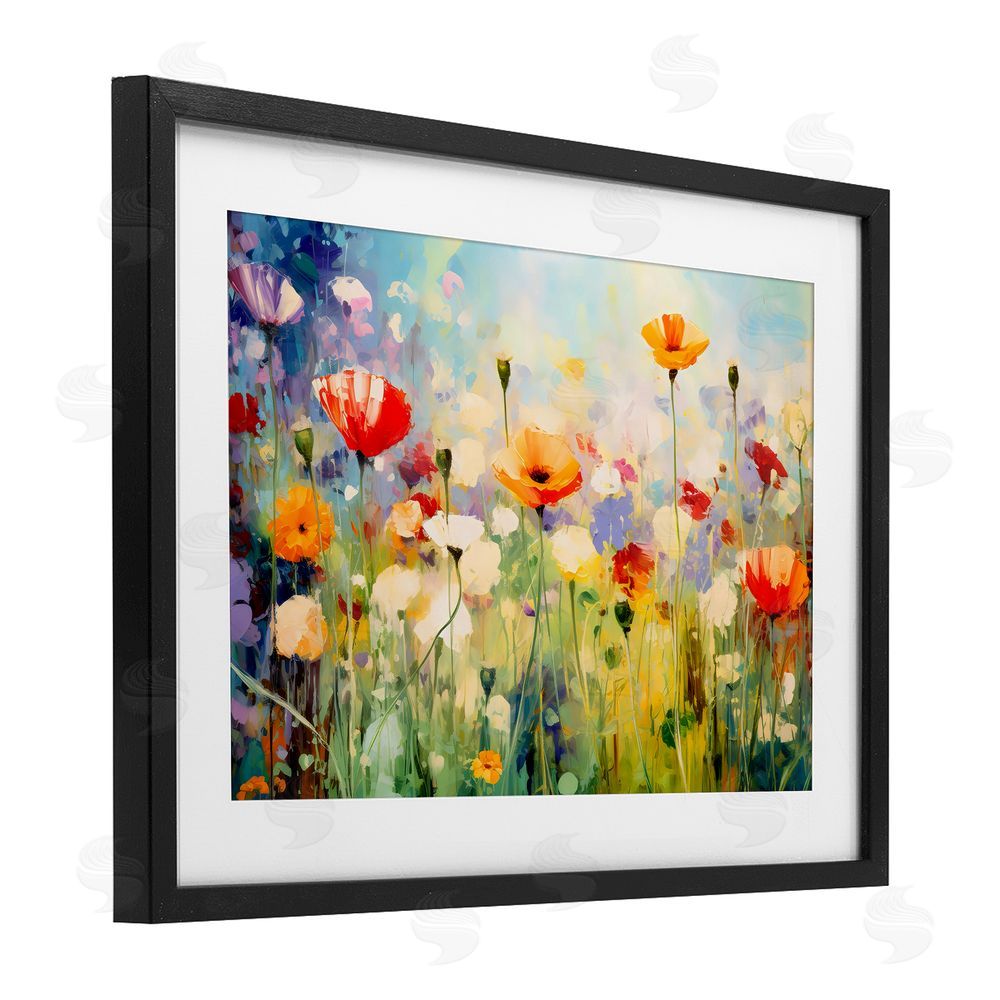 Creative Studio Sunlit Meadow of Colorful Blooms Black Framed Print Under Glass with White Mat Wall Art