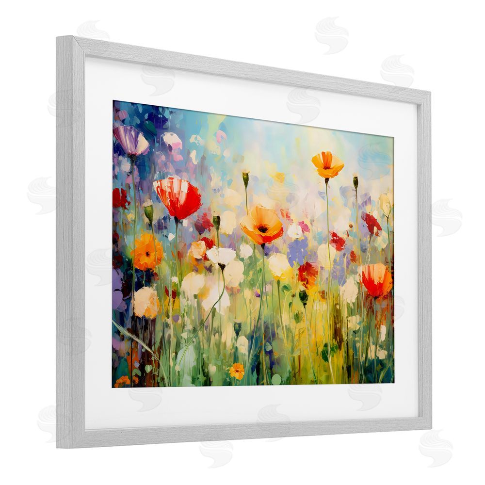 Creative Studio Sunlit Meadow of Colorful Blooms Gray Framed Print Under Glass with White Mat Wall Art