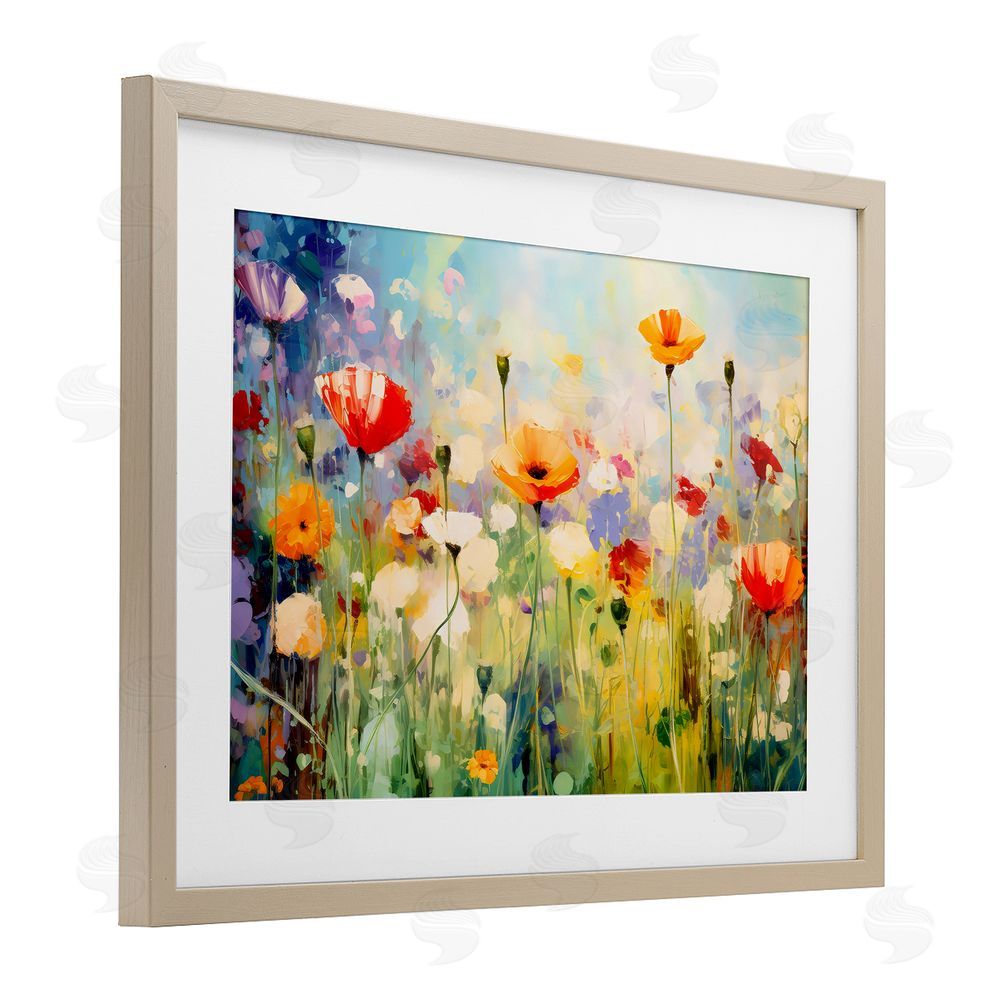 Creative Studio Sunlit Meadow of Colorful Blooms Brown Framed Print Under Glass with White Mat Wall Art