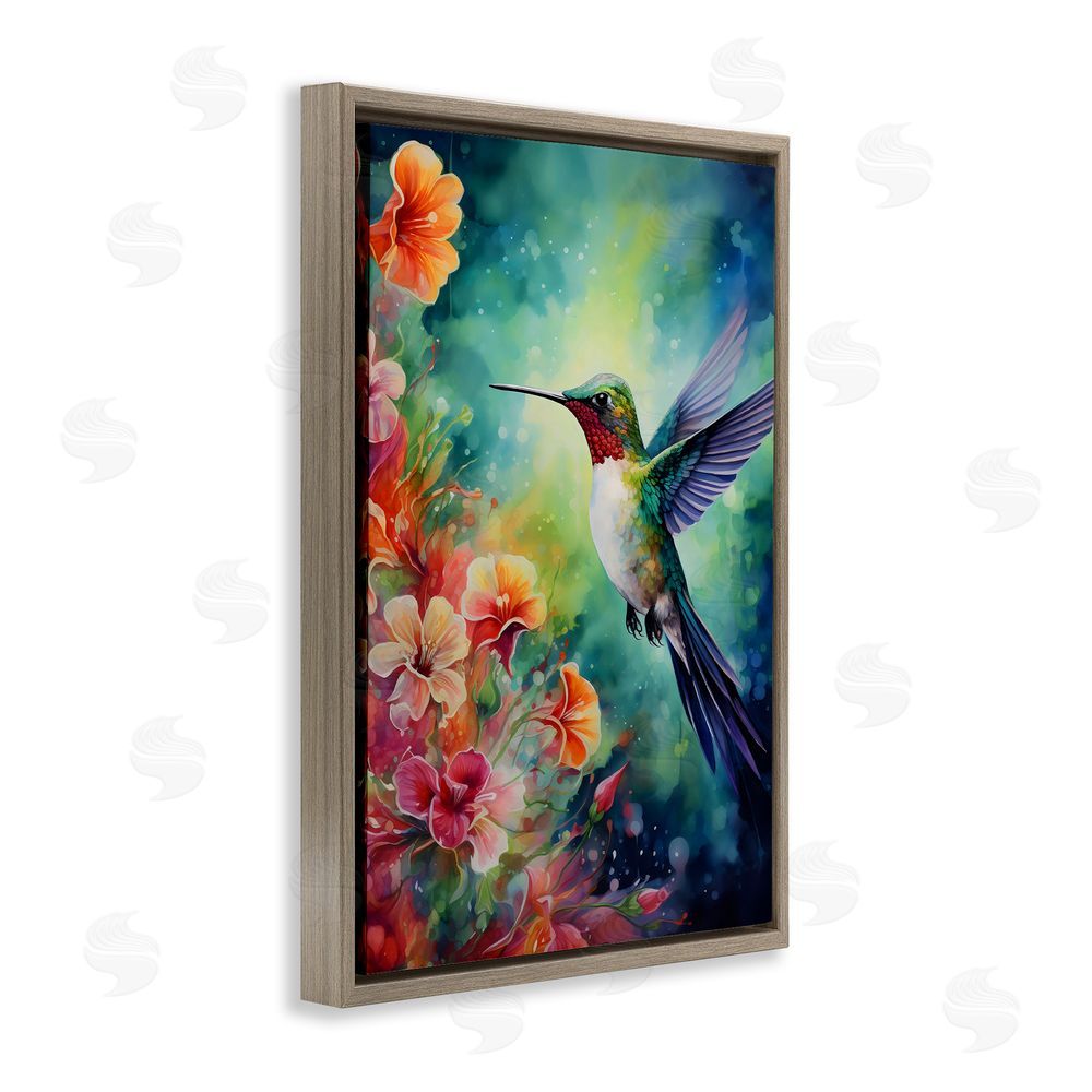 Creative Studio Fluttering Hummingbird & Radiant Blossoms Brown Floating Framed Canvas Wall Art