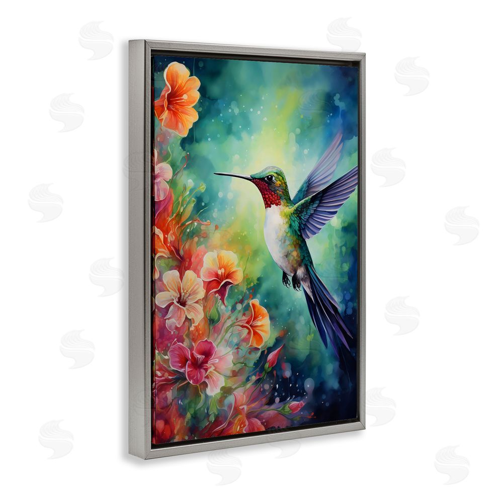 Creative Studio Fluttering Hummingbird & Radiant Blossoms Gray Floating Framed Canvas Wall Art