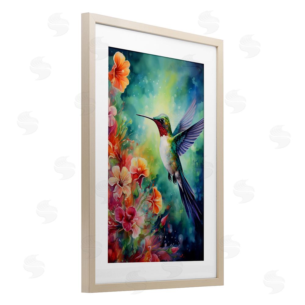 Creative Studio Fluttering Hummingbird & Radiant Blossoms Brown Framed Print Under Glass Wall Art