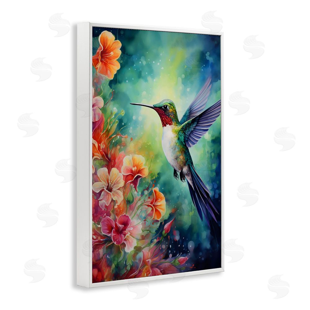Creative Studio Fluttering Hummingbird & Radiant Blossoms White Framed Giclee Wall Art