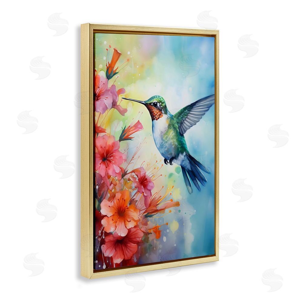 Creative Studio Hummingbird Hibiscus Serenade Gold Floating Framed Canvas Wall Art