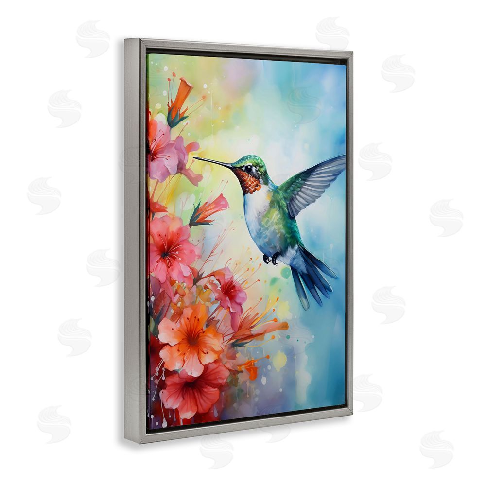 Creative Studio Hummingbird Hibiscus Serenade Gray Floating Framed Canvas Wall Art