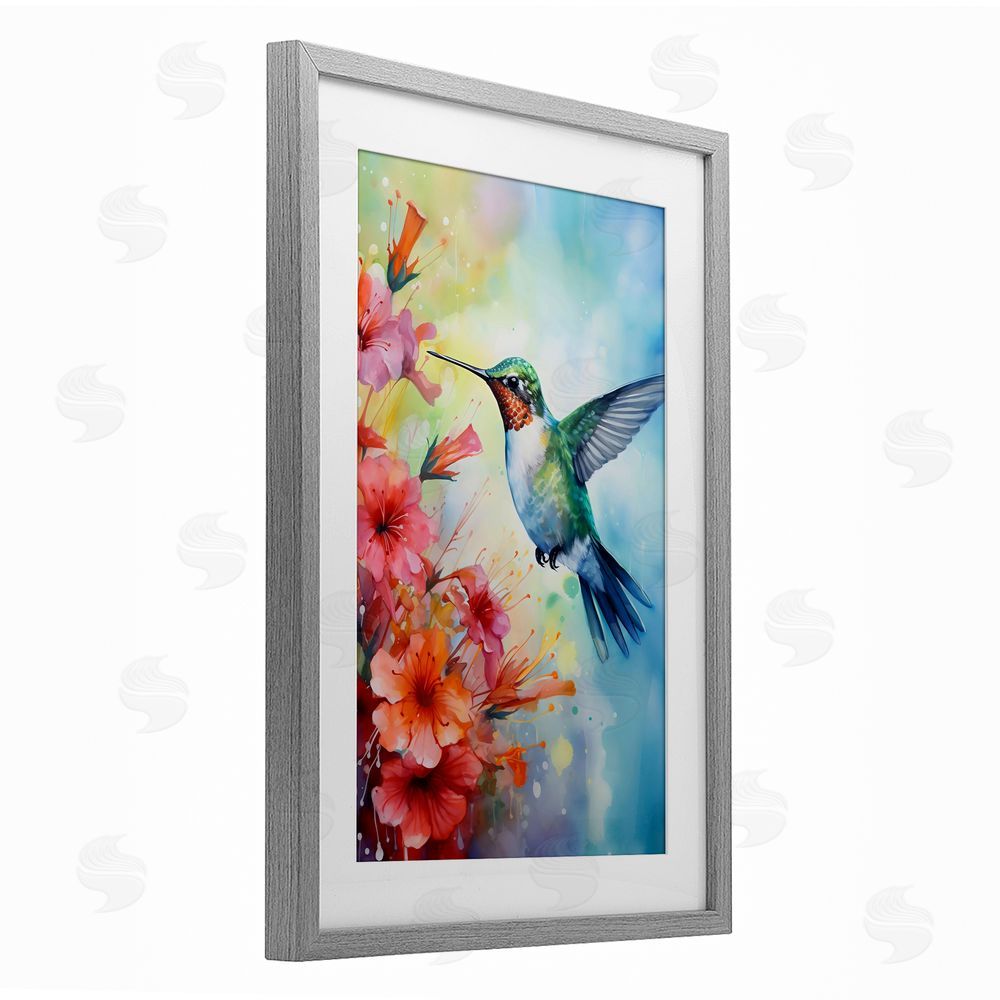 Creative Studio Hummingbird Hibiscus Serenade Gray Framed Print Under Glass Wall Art
