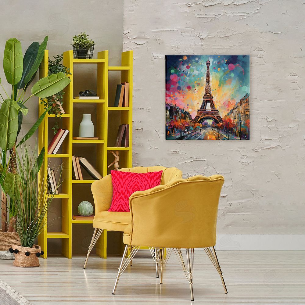Creative Studio Eiffel Tower with Vibrant Dots Stretched Canvas Wall Art in Room