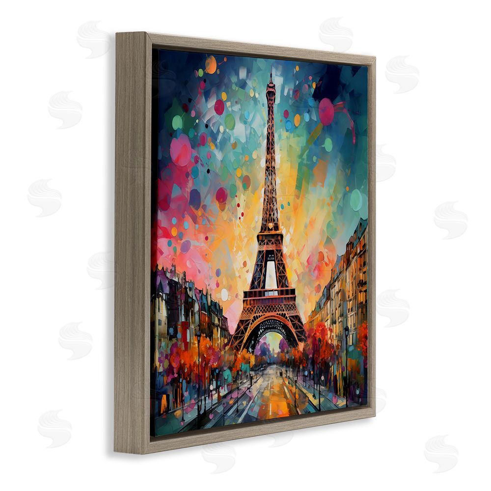 Creative Studio Eiffel Tower with Vibrant Dots Brown Floating Framed Canvas Wall Art