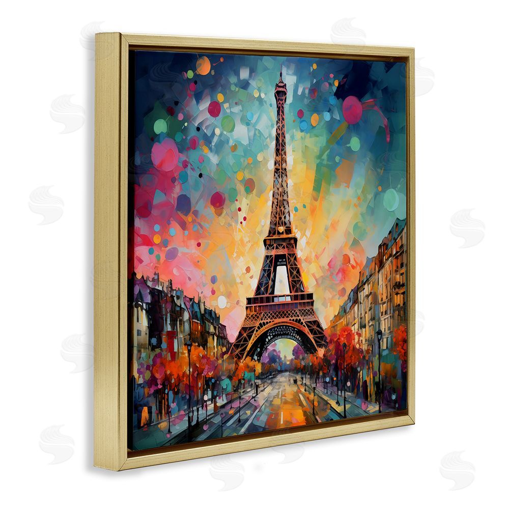 Creative Studio Eiffel Tower with Vibrant Dots Gold Floating Framed Canvas Wall Art