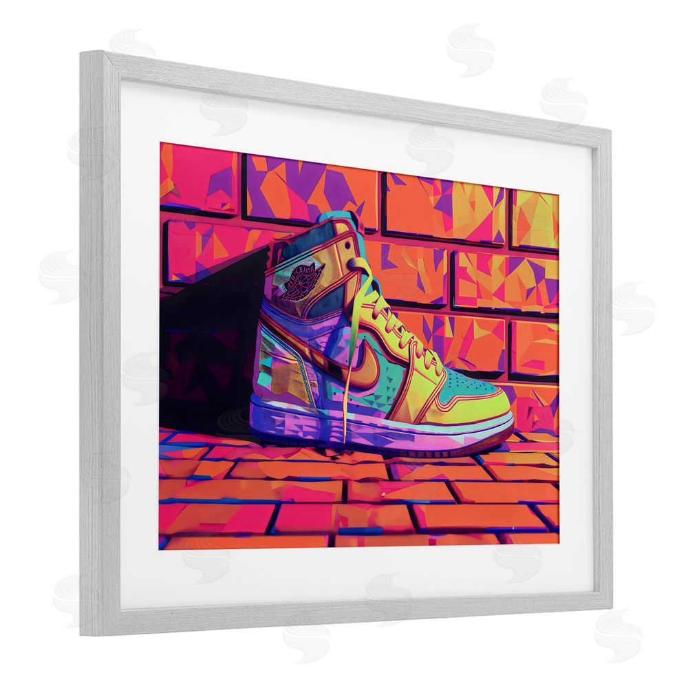 Creative Studio Sneaker with Vibrant Geometric Hues Gray Framed Print Under Glass with White Mat Wall Art