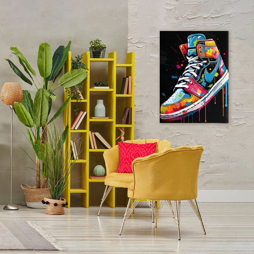 Creative Studio Paint Drip High Top Sneakers Stretched Canvas Wall Art in Room