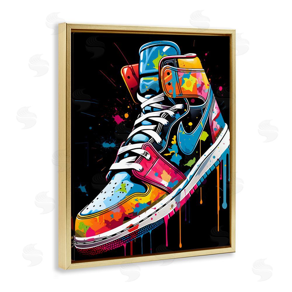 Creative Studio Paint Drip High Top Sneakers Gold Floating Framed Canvas Wall Art