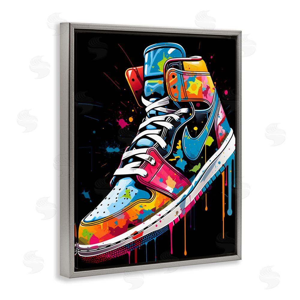 Creative Studio Paint Drip High Top Sneakers Gray Floating Framed Canvas Wall Art