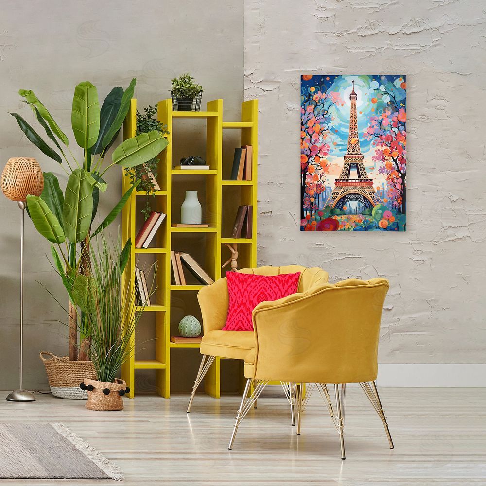 Creative Studio Eiffel Tower Nighttime Bloom Stretched Canvas Wall Art in Room