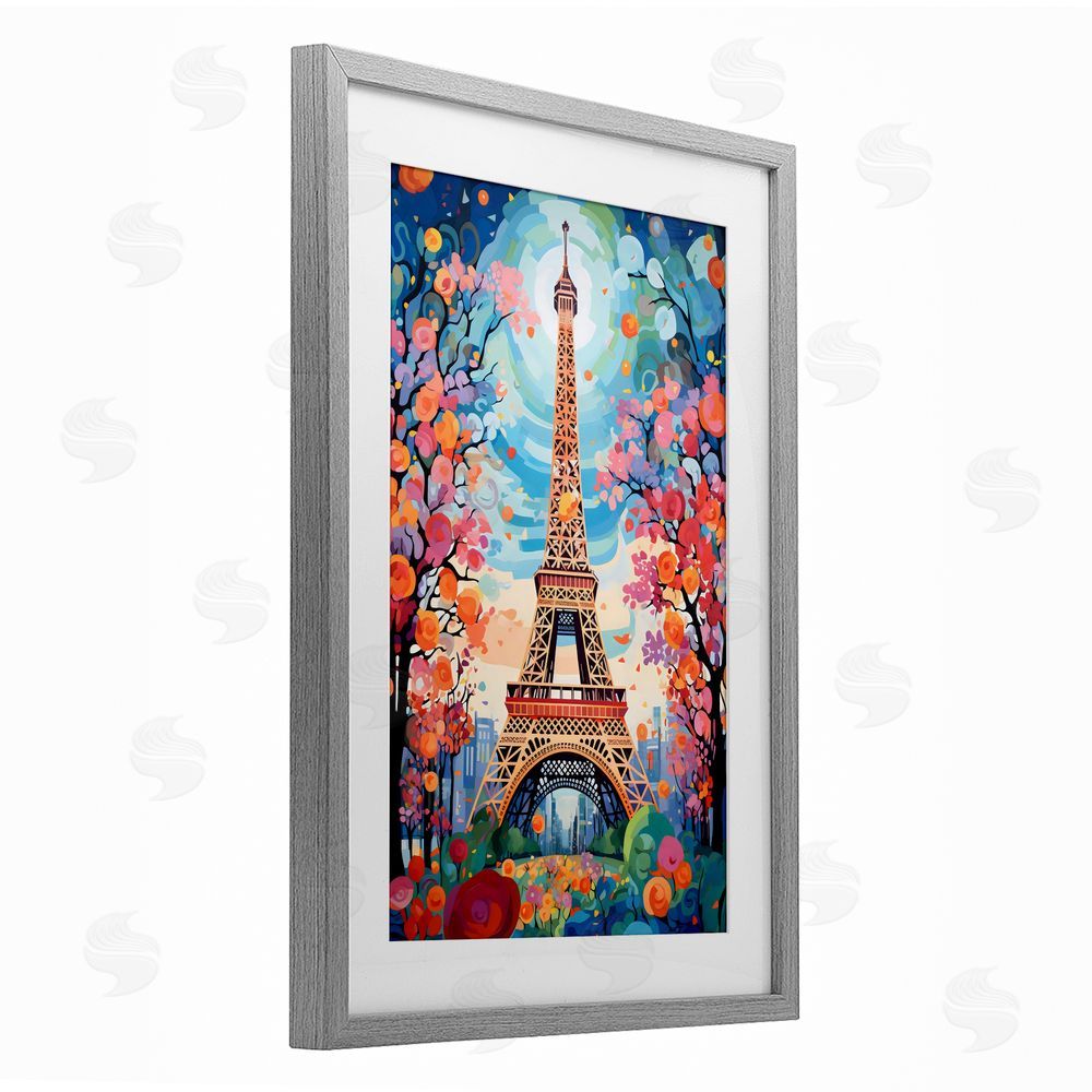 Creative Studio Eiffel Tower Nighttime Bloom Gray Framed Print Under Glass Wall Art