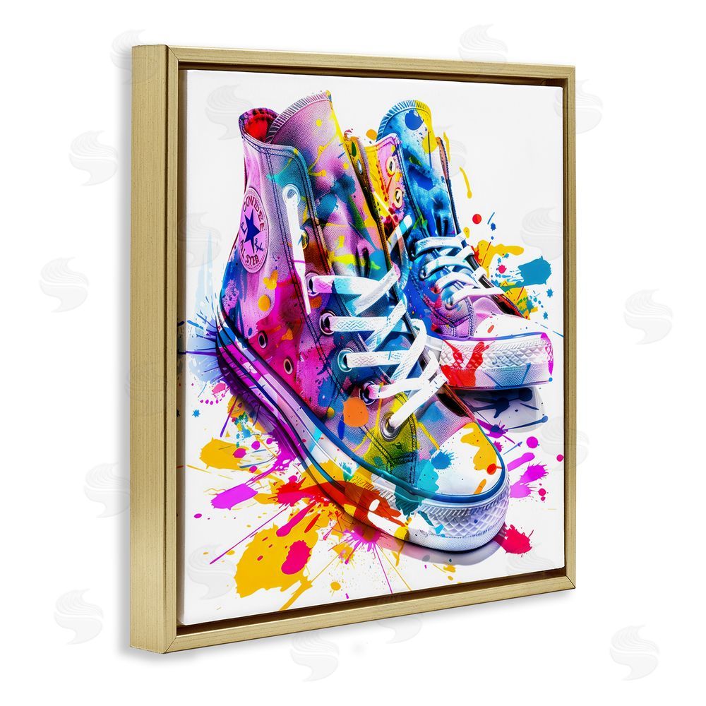 Creative Studio High Top Sneakers Splash Gold Floating Framed Canvas Wall Art