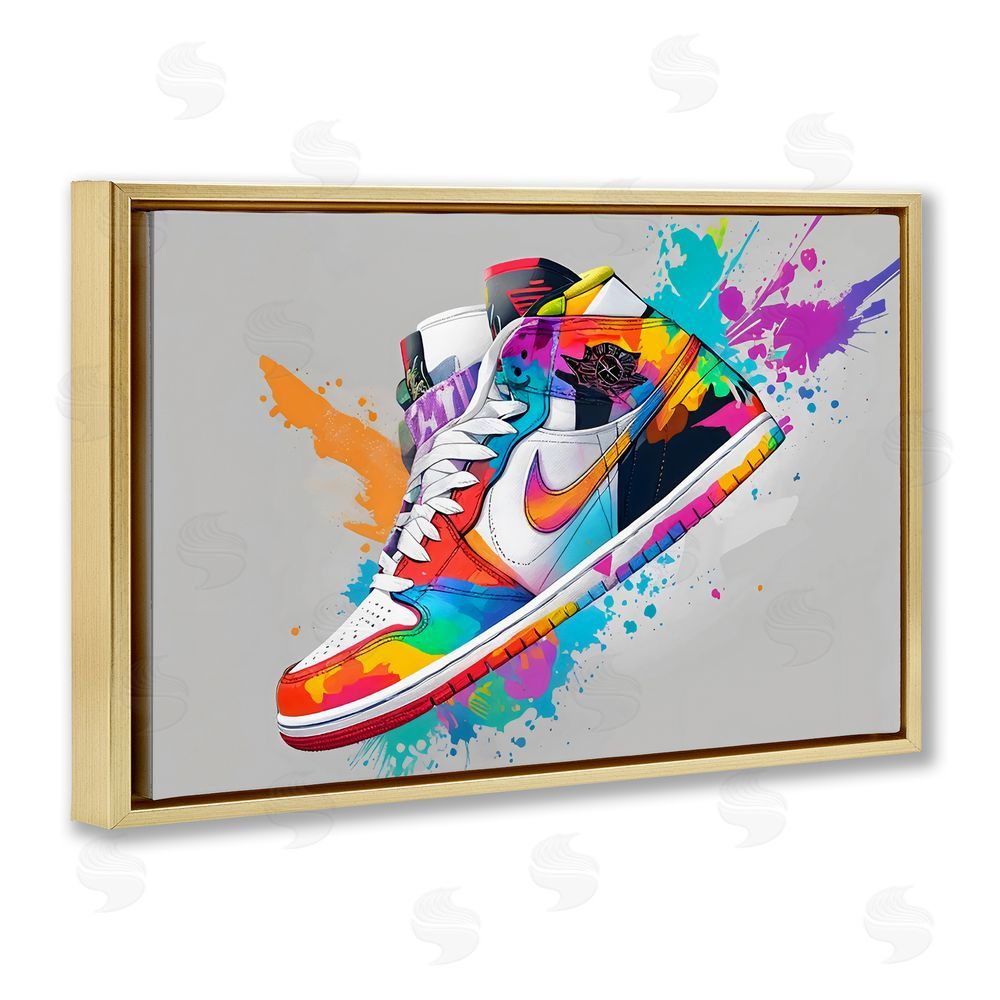 Creative Studio Hightop Sneaker with Splatter Gold Floating Framed Canvas Wall Art
